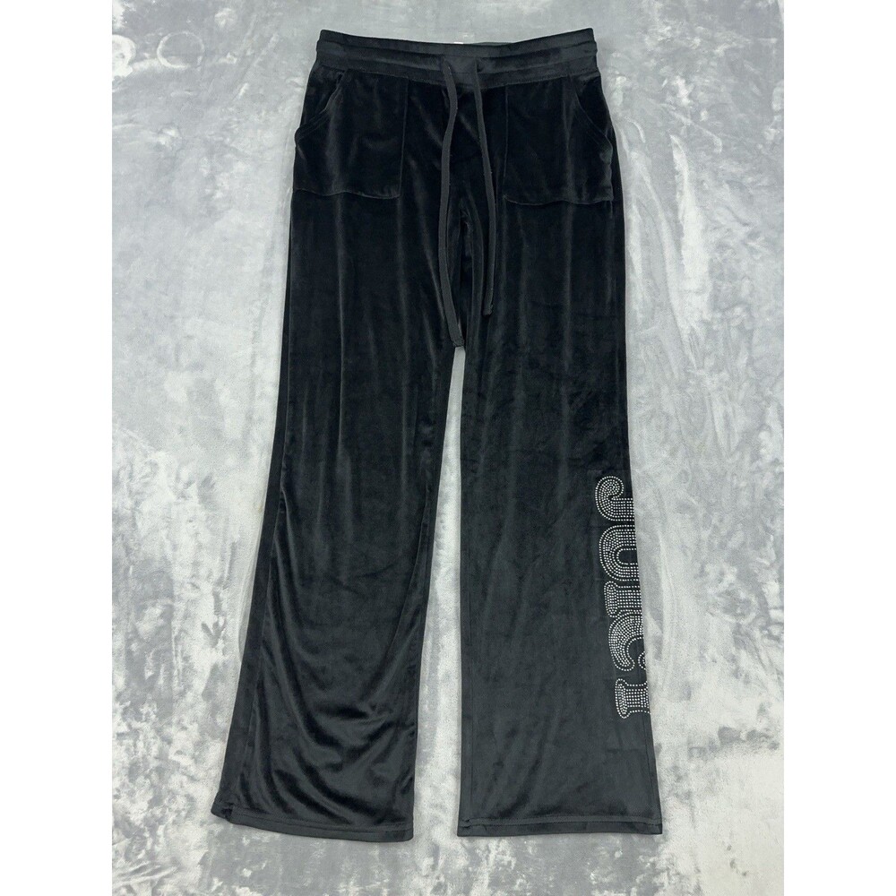 Juicy Couture Velour Track Pants Womens Size Small Black Bling Logo Y2K Lounge